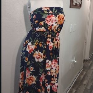Belted Vibe Strapless Floral Dress - Navy and Orange